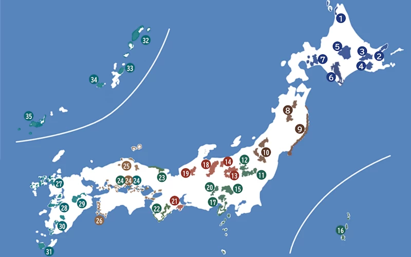 日本にある国立公園の地図