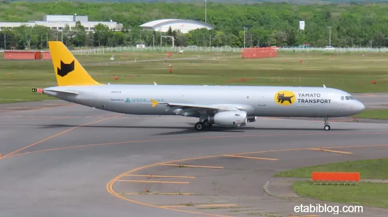 新千歳空港の展望デッキから見える宅急便の貨物輸送機