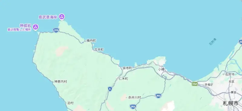 神威岬と島武意海岸の地図