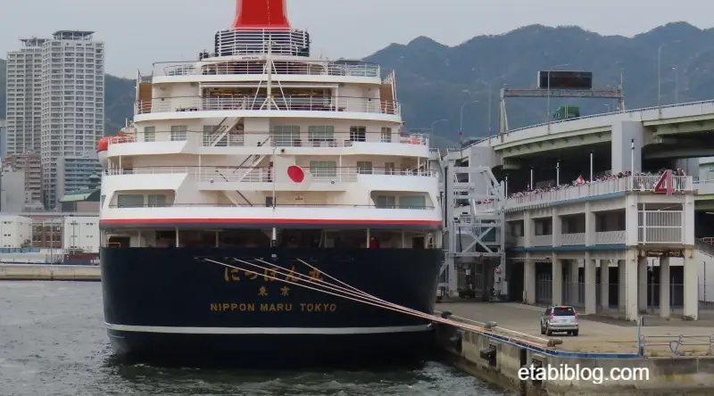 停泊中のにっぽん丸をポートターミナルから見送り人々