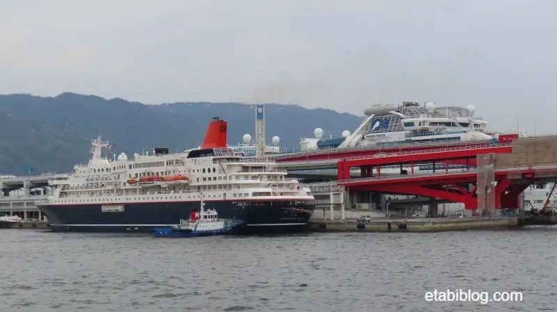 神戸港停泊中のにっぽん丸とダイヤモンドプリンセス