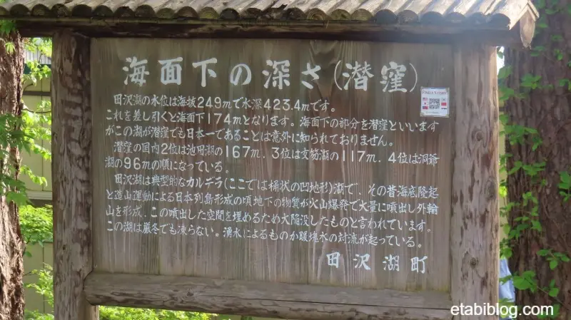 田沢湖の海面下の案内版