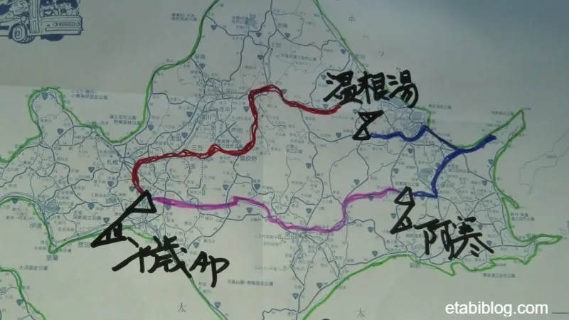 北海道地図に書き込んだ観光ルート